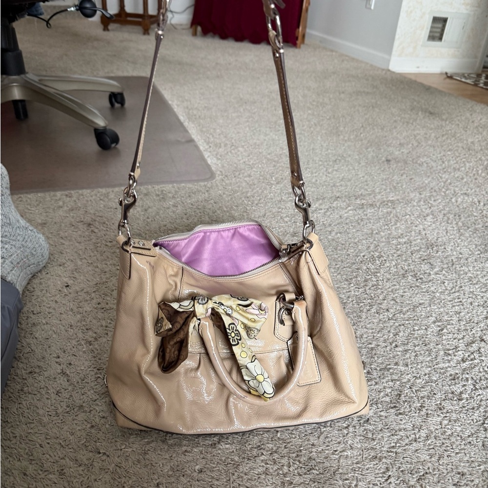 Coach Beige Leather Satchel with Floral Scarf - Picture 10 of 10